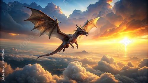 Majestic dragon flying high in the sky , mythical creature, fantasy, flying, wings, sky, clouds, majestic, powerful