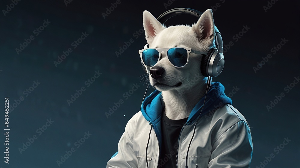 a Dog head in sunglasses and headphones wearing a white jacket, and listening to music against a pink and blue background a Dog head in sunglasses and headphones wearing a white jacket, and listening to music against a pink and blue background