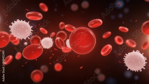 Blood cells, white blood cells under magnification, highlighting anatomy, microbiology, cardiovascular science. Flowing through veins, arteries, emphasizing infection, disease, health care.
