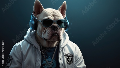 a Dog head in sunglasses and headphones wearing a white jacket, and listening to music against a pink and blue background © Graphic Leading 