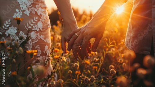 romantic couple holding hands fingers at sunset leaking wedding rings sunset rays bride groom wedding love couple golden photo