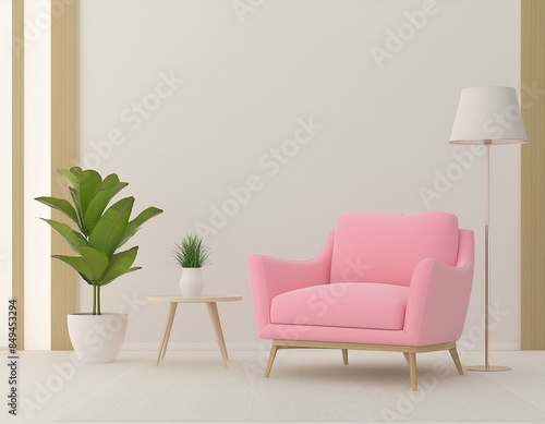 Living room style minimal with pink armchair on empty white wall background