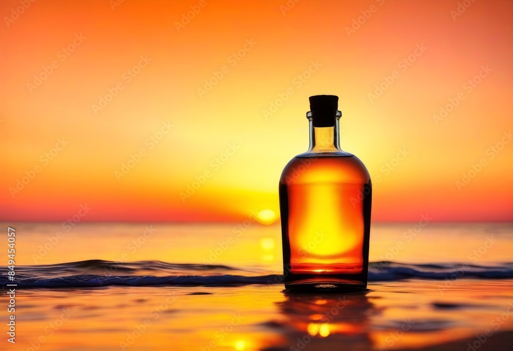 A wine bottle sitting on a beach during sunset with a beautiful sky in the background A wine bottle sitting on a beach during sunset with a beautiful sky in the background