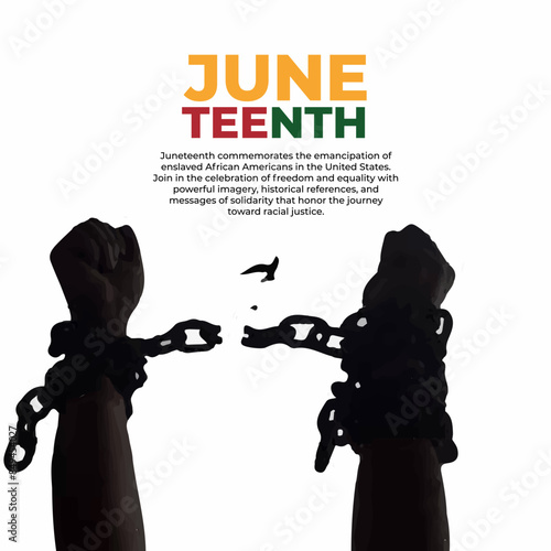 Juneteenth Day, African-American Independence Day, June 19. Juneteenth Celebrate Black Freedom. vector illustration. Emancipation Day, Fist raise up breaking chain. Symbols to celebrate Freedom Day.