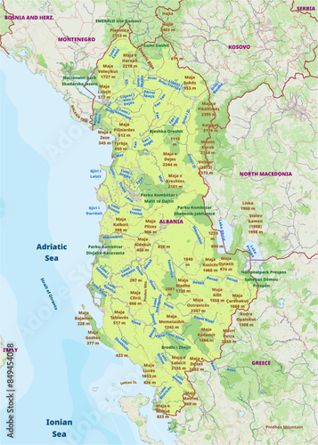 Detailed physical vector map of Albania