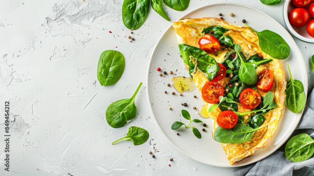 Stuffed omelette with tomatoes and spinach on light background with copy space. Top view, flat lay Stuffed omelette with tomatoes and spinach on light background with copy space. Top view, flat lay