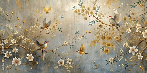 Abstract vintage with flowers, branches, birds