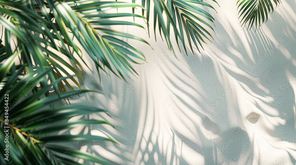 A palm tree is in the foreground and its leaves are casting a shadow on the sand A palm tree is in the foreground and its leaves are casting a shadow on the sand