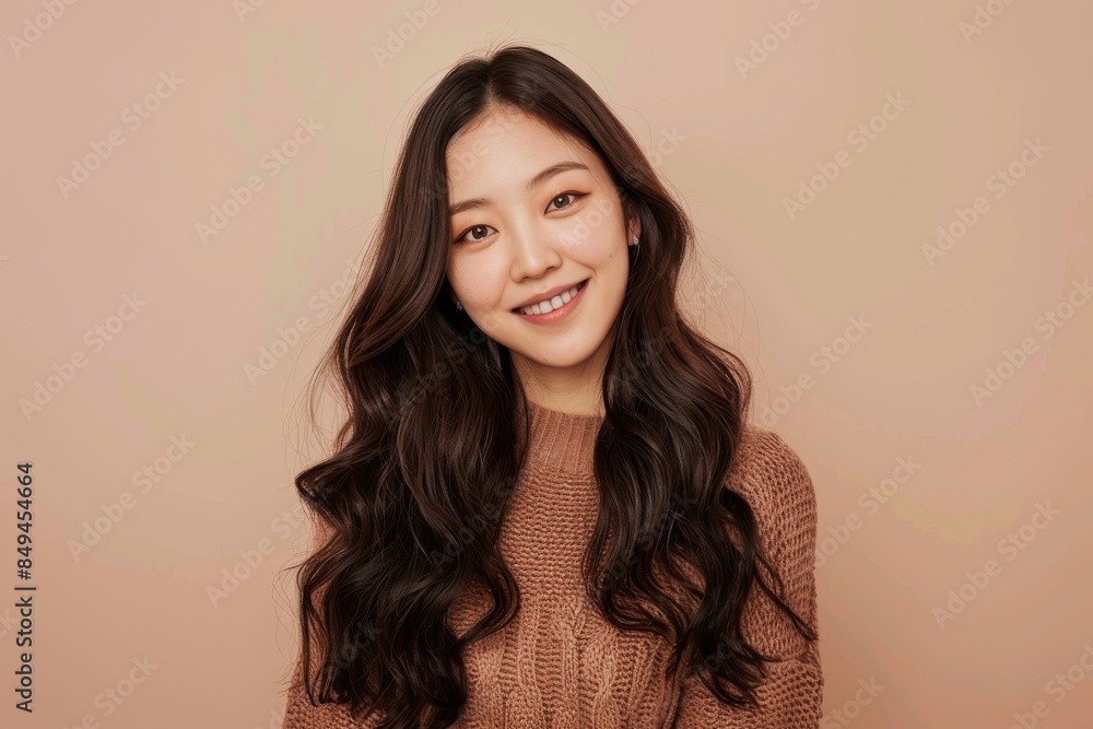 A beautiful Korean woman in her twenties with long, wavy hair wearing an elegant brown sweater against a pastel beige background for beauty and skin care advertising mockups. A beautiful Korean woman in her twenties with long, wavy hair wearing an elegant brown sweater against a pastel beige background for beauty and skin care advertising mockups.