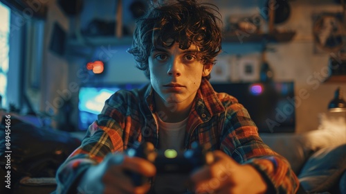 A person playing a video game, with a controller in hand and a focused expression, immersed in the virtual world on the screen.