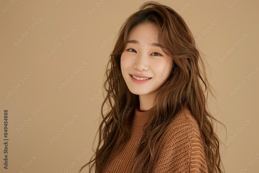 Obraz premium A beautiful Korean woman in her twenties with long, wavy hair wearing an elegant brown sweater against a pastel beige background for beauty and skin care advertising mockups.