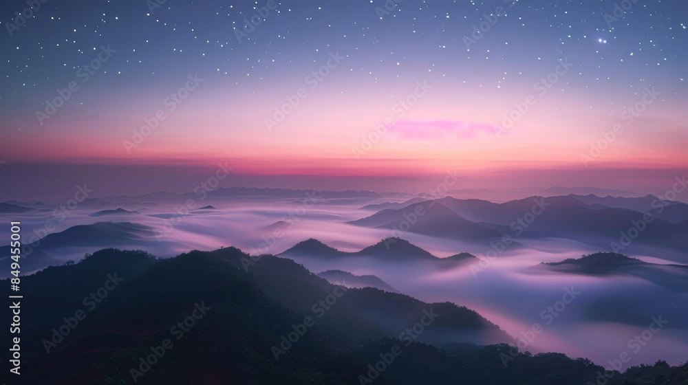 A beautiful mountain range with a pink and purple sky A beautiful mountain range with a pink and purple sky