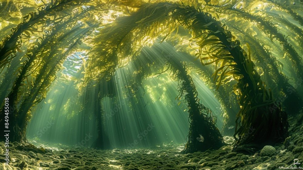 Obraz premium Enchanting underwater forest of swaying kelp, with sunlight creating ethereal patterns on the seabed below