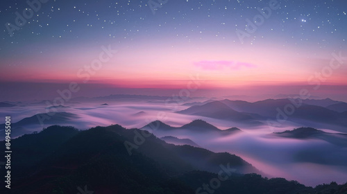 A beautiful mountain range with a pink and purple sky