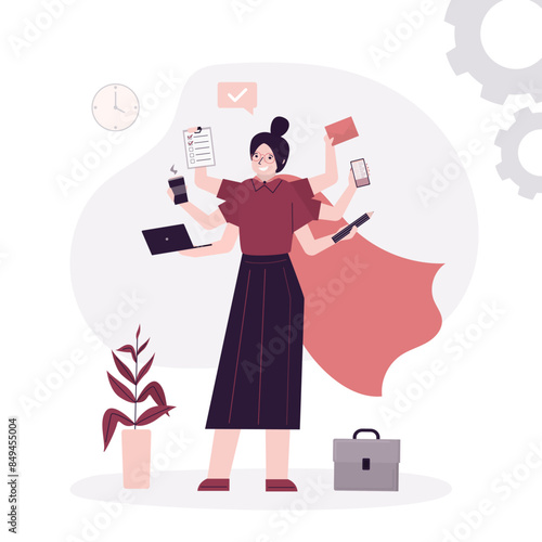 Hero businesswoman with many arms standing and doing many tasks at same time. Effective time management, productivity. Leadership and motivation.