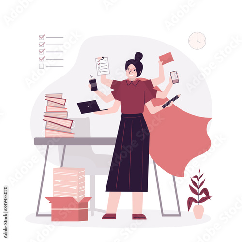 Hero businesswoman with many arms standing in office and doing many tasks at same time. Effective time management, business productivity.
