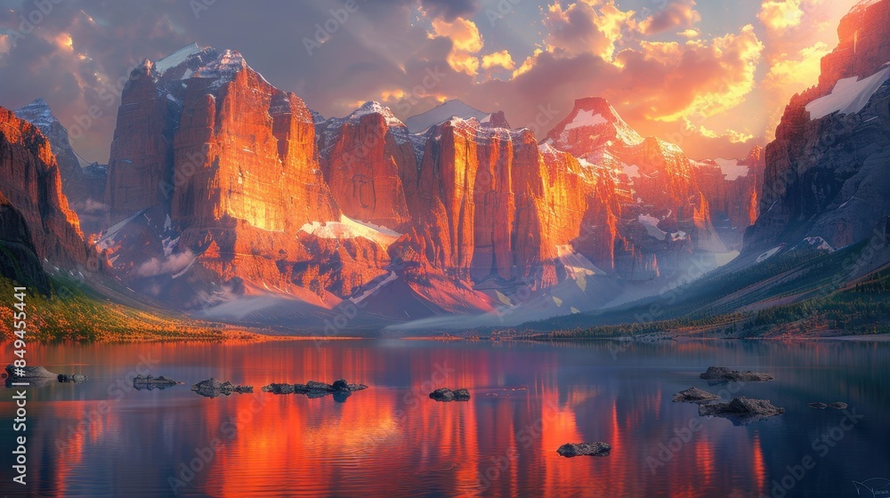 Fototapeta premium An awe-inspiring shot of towering mountains during sunrise, with the first rays of light illuminating the rugged cliffs and casting long shadows. The sky is painted in shades of orange and pink,