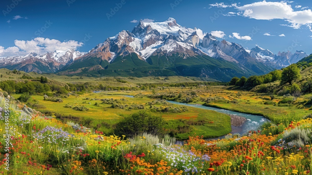Fototapeta premium A stunning panoramic view of a majestic mountain range with snow-capped peaks under a clear blue sky. The foreground features a lush green valley dotted with wildflowers, and a crystal-clear river