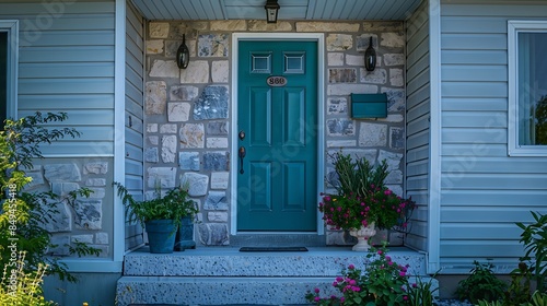 A detail of a front door on home with stone and white bricking siding beautiful landscaping and a colorful blue green front door : Generative AI