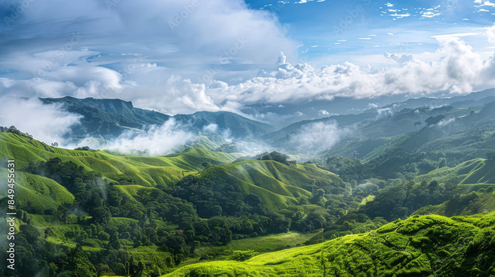 A lush green valley with a cloudy sky in the background A lush green valley with a cloudy sky in the background