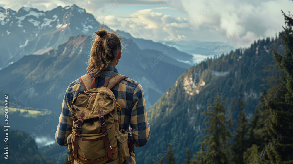 A man with a backpack is standing on a mountain top