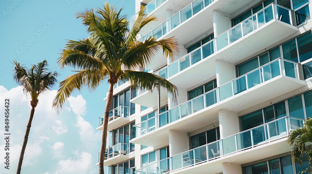 Obraz premium Modern apartment building or house with palm trees at Miami view from road : Generative AI