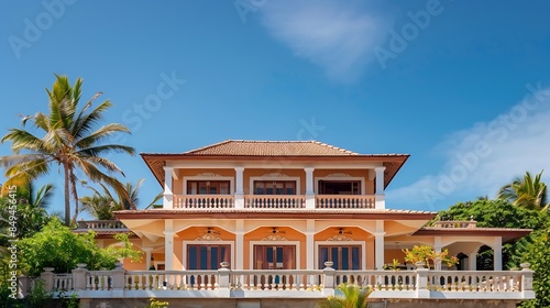 The facade of a colonial  style villa on the shores of the Indian Ocean  A country house on a blue sky background : Generative AI © The Little Hut