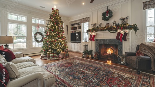 A beautifully decorated living room adorned with festive holiday decor. A large Christmas tree stands tall in the corner, draped with twinkling lights and colorful ornaments. Stockings hang from the