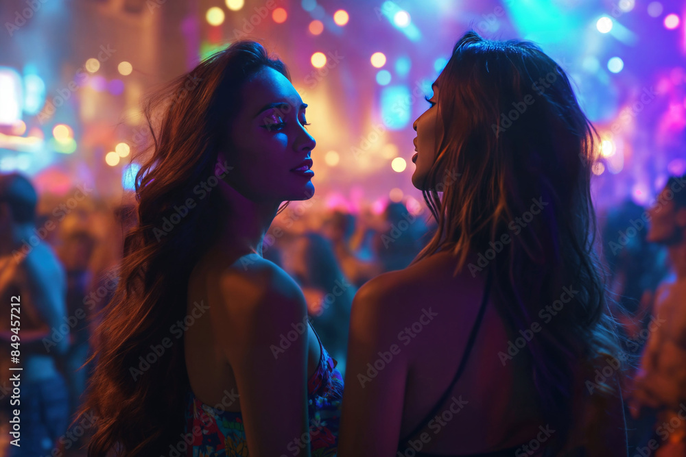 Girls in stylish clubbing outfits partying at a concert. Crowd of people having fun at a music festival. Nightlife concept Girls in stylish clubbing outfits partying at a concert. Crowd of people having fun at a music festival. Nightlife concept