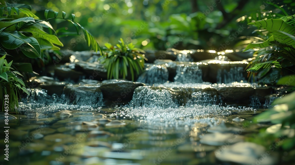 An idyllic riverside view showing the gentle flow of water over smooth stones, surrounded by lush greenery, creating a perfect spot for quiet reflection and mindfulness.