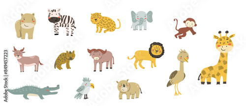 Childrens animals set. African elephant, lion, rhinoceros, monkey, zebra, leopard, hyena and other cute tropical animals. Collection of childish characters with cute faces.