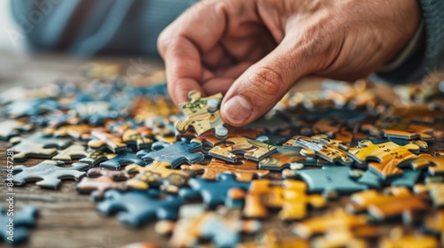 A person reaching out to grab the last piece of a puzzle from a table, with the incomplete puzzle in the background.