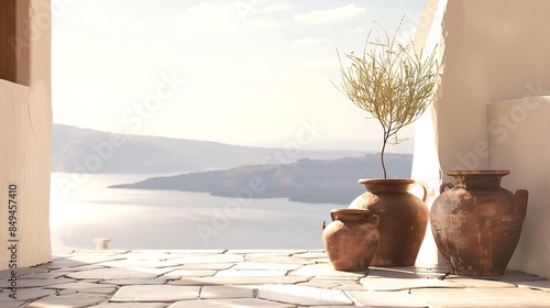Santorini Greece House with jars and a view of the caldera : Generative AI