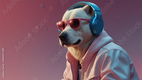a Dog head in sunglasses and headphones wearing a white jacket, and listening to music against a pink and blue background