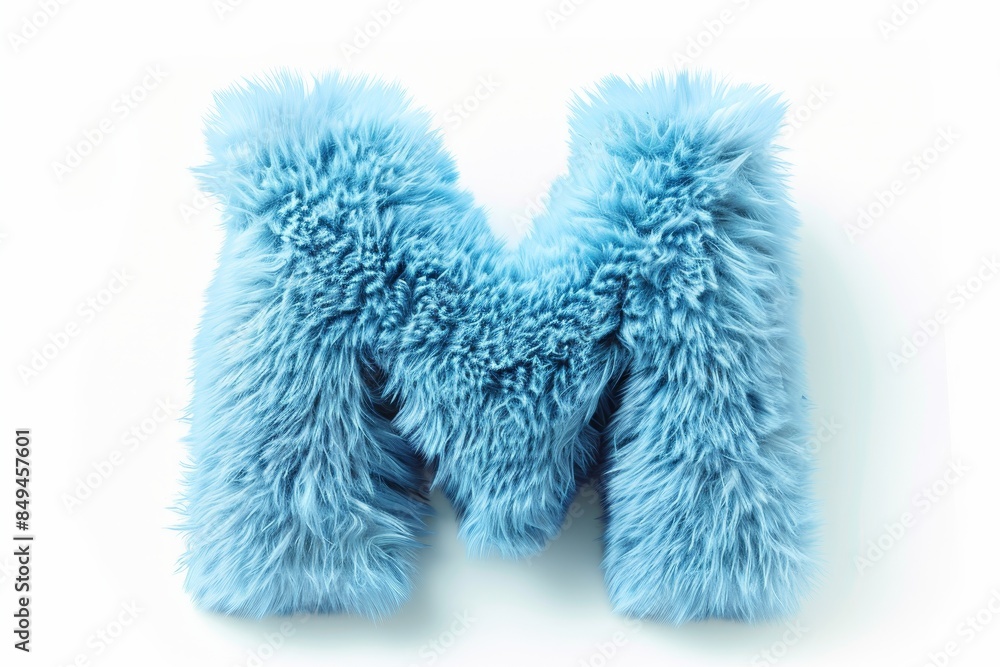 The letter M is made of blue fur and has a fluffy texture The letter M is made of blue fur and has a fluffy texture