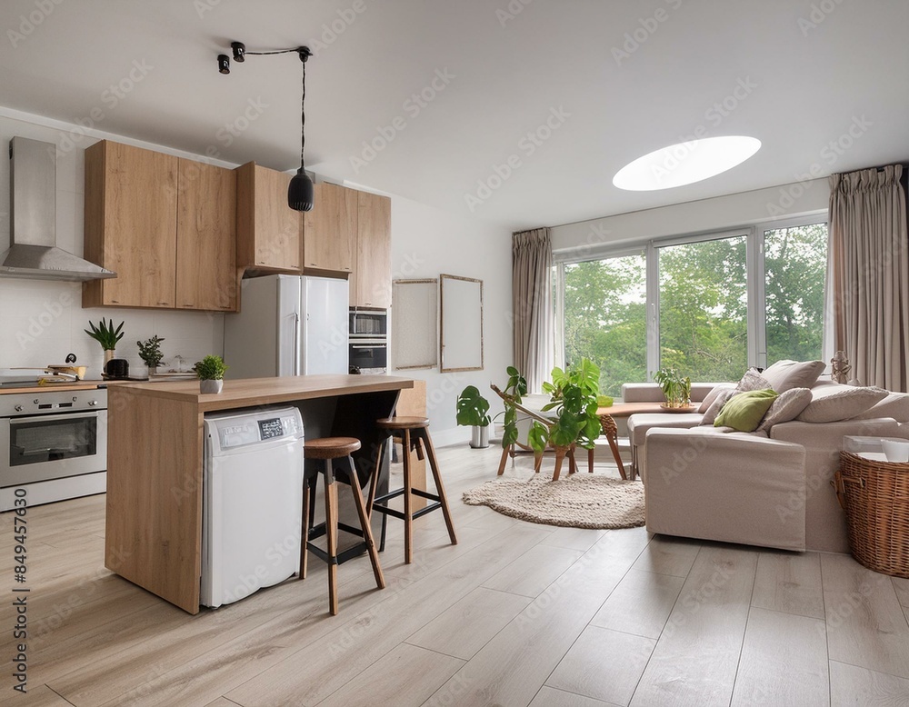 Fototapeta premium Stylish spacious kitchen and living room with refrigerator and washing machine overlooking cozy dining area 