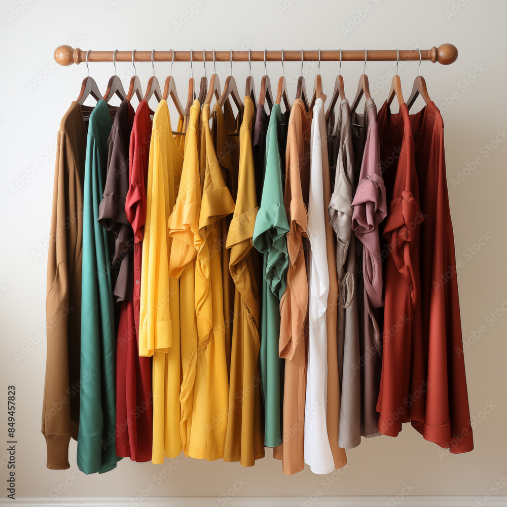 Una hilera de ropa colgada en un perchero, con variedad de colores y estilos. La ropa está bien organizada en tienda de ropa o un guardarropa. Una hilera de ropa colgada en un perchero, con variedad de colores y estilos. La ropa está bien organizada en tienda de ropa o un guardarropa.