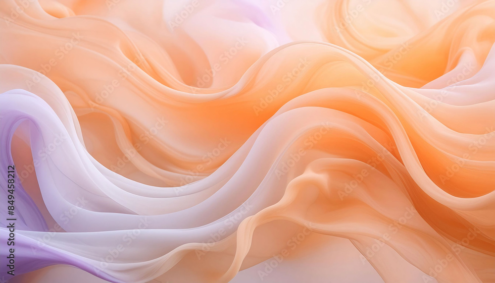 Abstract design of swirling, flowing, wavelike mist forms in shades of purple, orange, and white with a soothing pastel palette. Abstract design of swirling, flowing, wavelike mist forms in shades of purple, orange, and white with a soothing pastel palette.