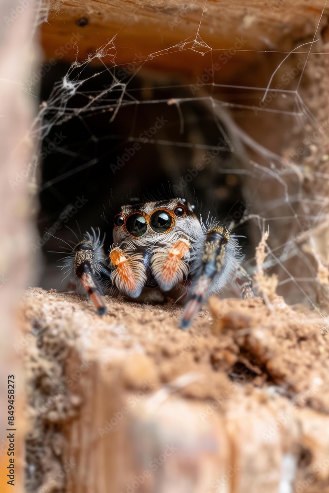 Fototapeta premium A leaping spider on a window, devouring its meal