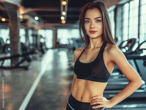 Close up image of attractive sporty fit woman in gym, banner with copy space