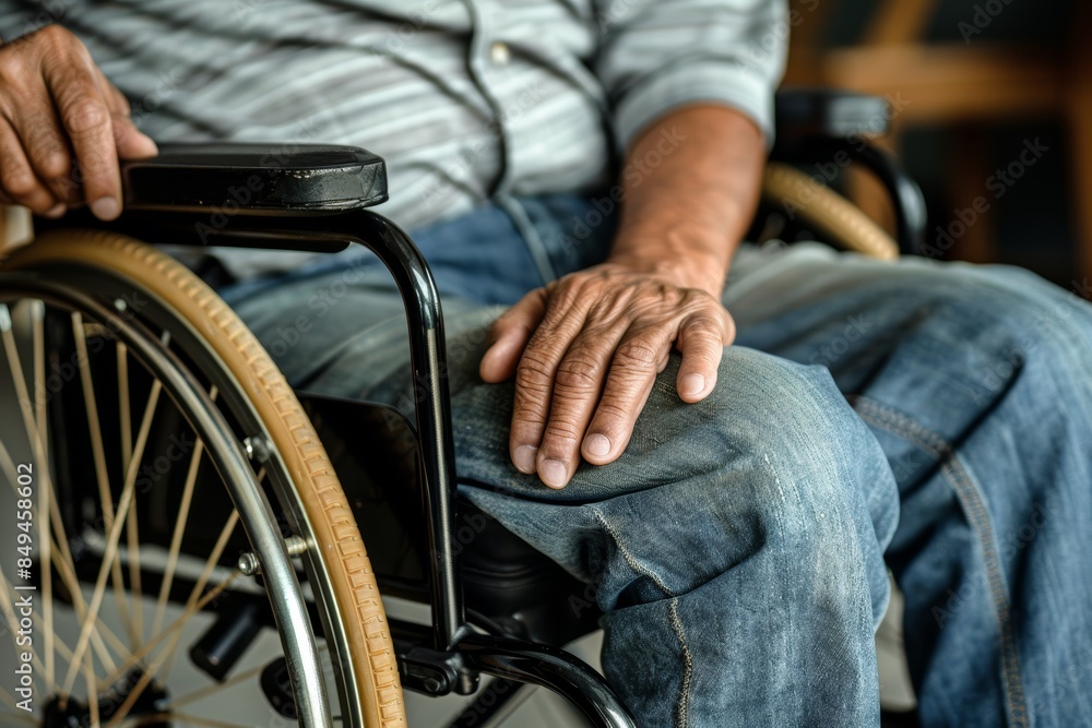Obraz premium Wheelchair, handicap, and guy clutching wheel at a medical facility. Male, disabled, and experiencing mobility issues at a clinic for assistance and medical treatment using patient hands and a mockup