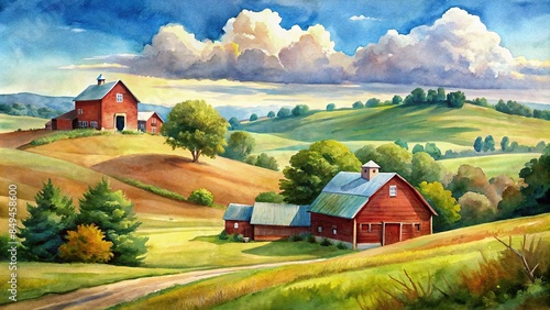 Scenic watercolor painting of a countryside landscape with red barns, rolling hills, and a serene sky photo