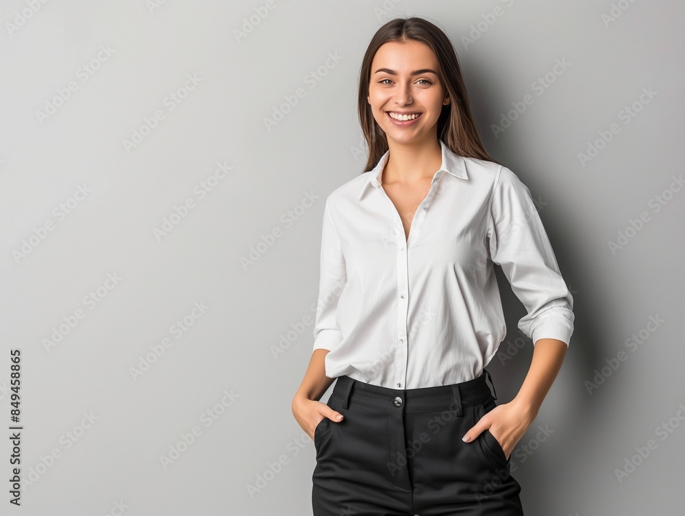 successful young female entrepreneur, smiling broadly with self-assured expression while holding hands in pockets successful young female entrepreneur, smiling broadly with self-assured expression while holding hands in pockets