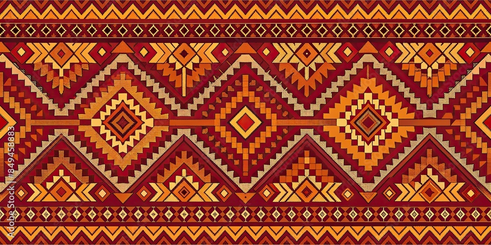 Aztec pattern in autumnal hues of burnt orange, deep red, and mustard ...
