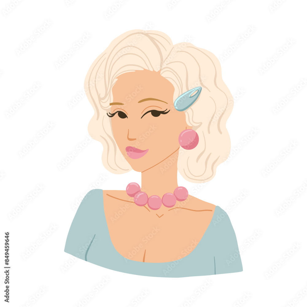 Retro blonde woman in flat colorful style with beautiful jewelry. Cartoon illustration with 50s haircut. Hand drawn vector illustration. Design for beauty salon, cosmetic products, print, web. Retro blonde woman in flat colorful style with beautiful jewelry. Cartoon illustration with 50s haircut. Hand drawn vector illustration. Design for beauty salon, cosmetic products, print, web.
