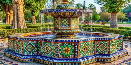 Beautiful water fountain in Pakistan park with intricate design and colorful tiles, water fountain, Pakistan, park photo