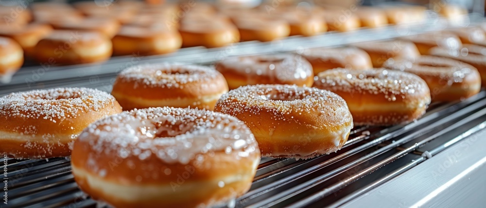 Freshly made donuts covered in glaze and sugar sprinkles on a conveyor belt, closeup showing the texture and golden brown color, modern bakery with a warm and inviting atmosphere, Photorealistic, High Freshly made donuts covered in glaze and sugar sprinkles on a conveyor belt, closeup showing the texture and golden brown color, modern bakery with a warm and inviting atmosphere, Photorealistic, High
