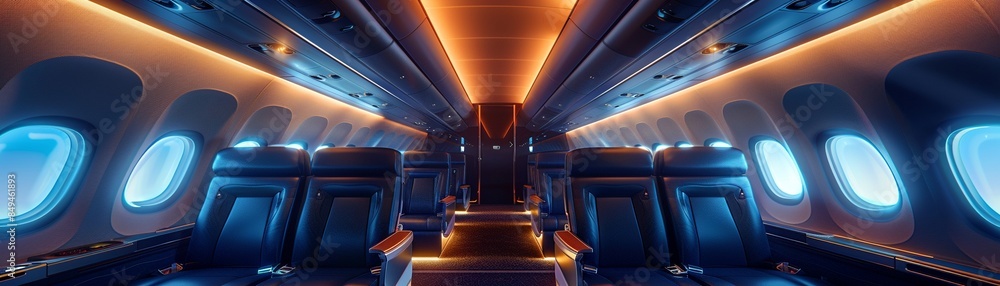 Fototapeta premium Interior of a commercial airplane with blue leather seats and warm, ambient lighting from overhead panels, detailed view of the seating arrangement and sleek design, bright and modern cabin setting, P