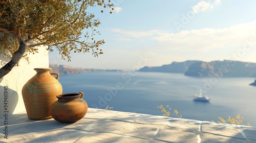 Santorini Greece House with jars and a view of the caldera : Generative AI