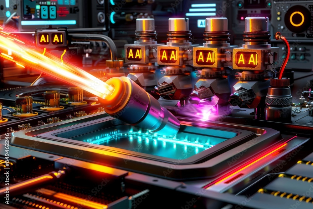 AI development environment with dynamic digital displays and advanced robotics, highlighting tech driven innovation. AI development environment with dynamic digital displays and advanced robotics, highlighting tech driven innovation.